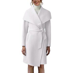💫 Women White Long Collar Trench Coat Lapel Open Front Belted Pockets Jacket
